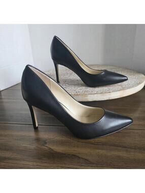 Nine West Ezra Pointy Toe Pumps Black Leather Stiletto Heels Wn's Size 8